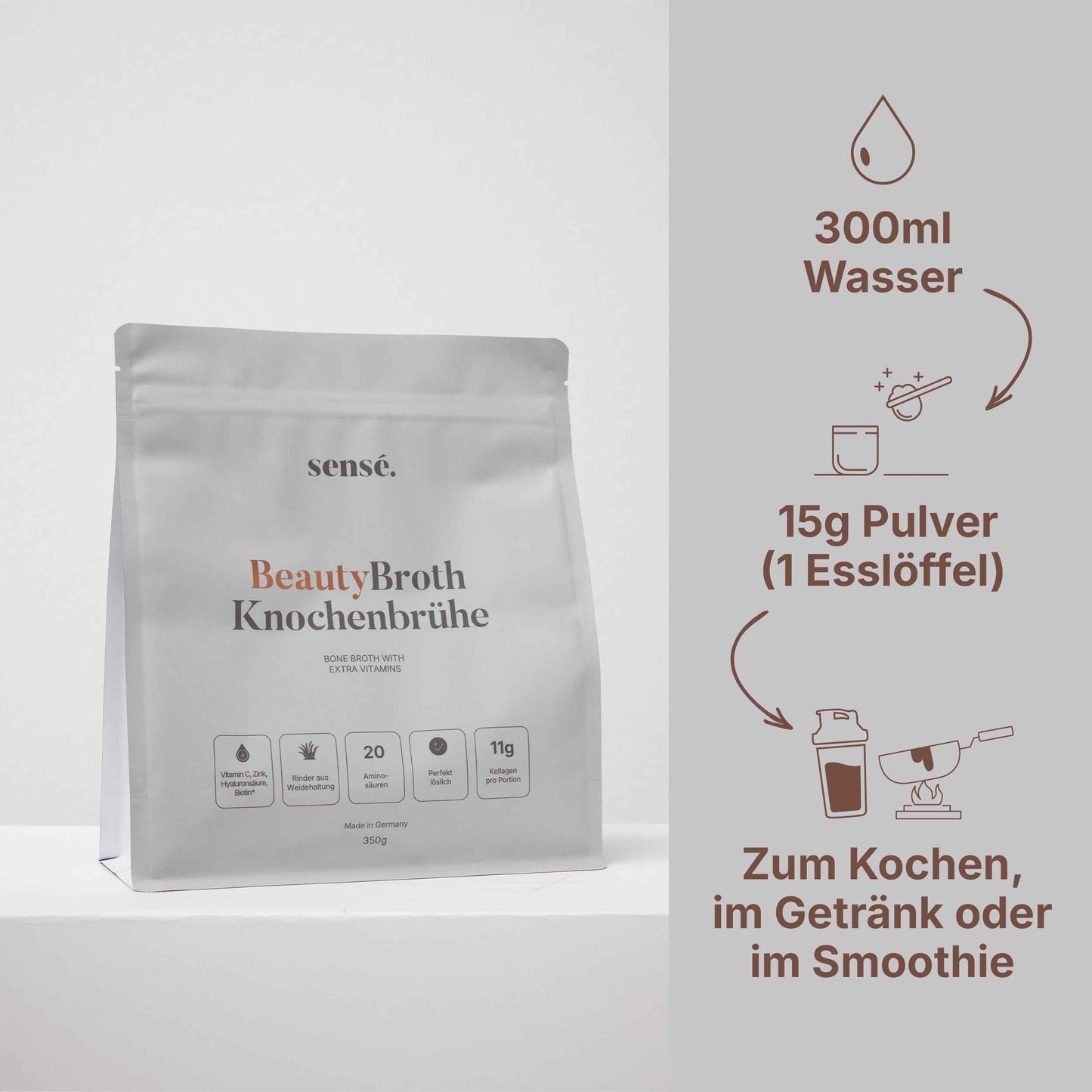 Zubereitung von BeautyBroth: 15 g Knochenbrühe Pulver in 300 ml Wasser