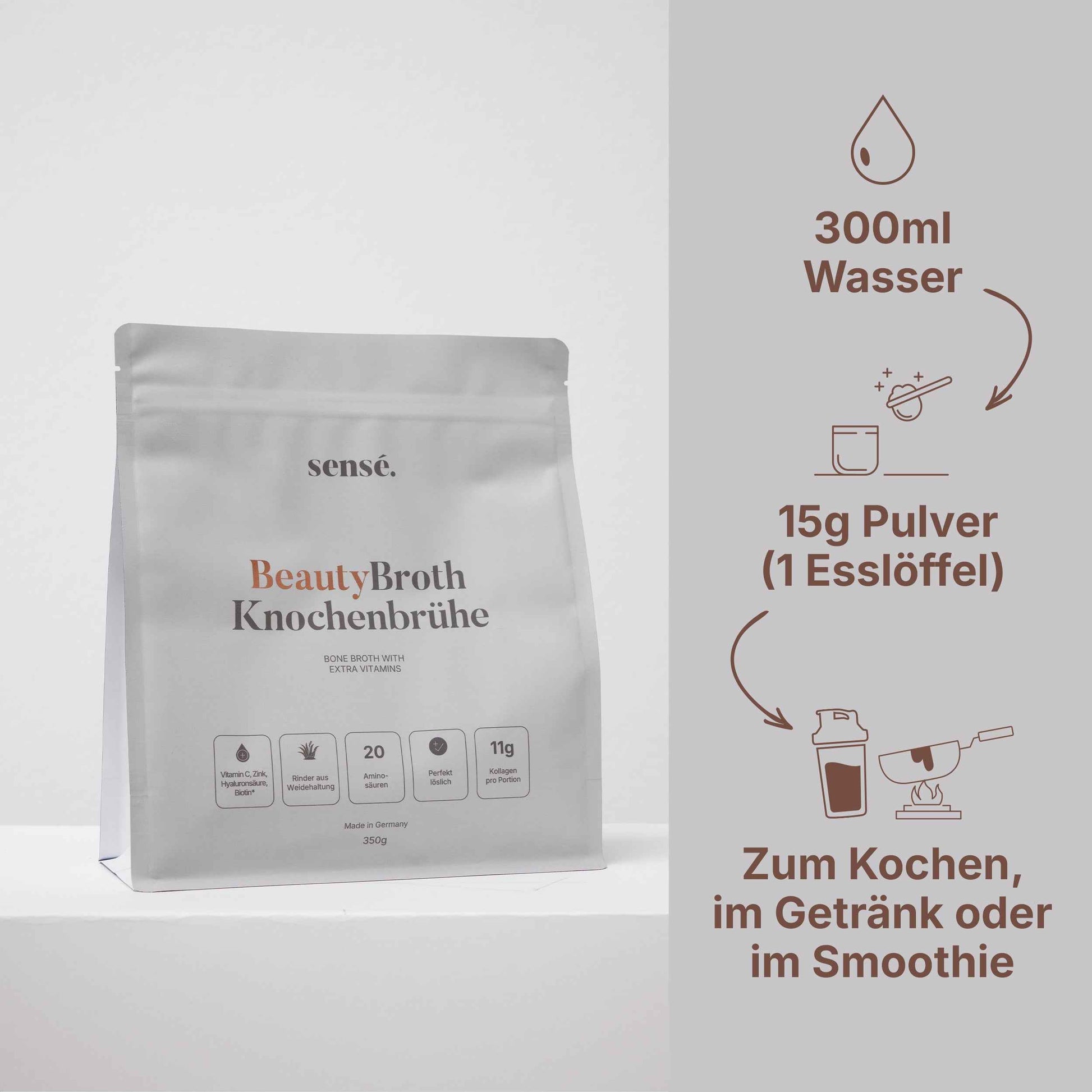 Zubereitung von BeautyBroth: 15 g Knochenbrühe Pulver in 300 ml Wasser