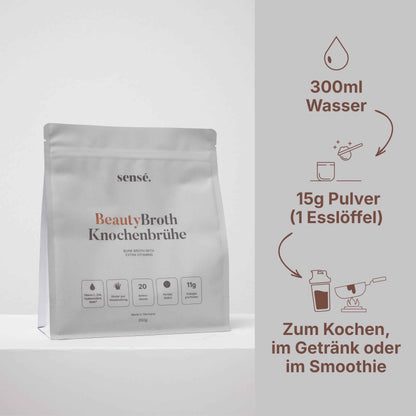 Zubereitung von BeautyBroth: 15 g Knochenbrühe Pulver in 300 ml Wasser