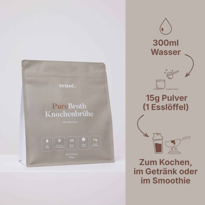Zubereitung von PureBroth: 15 g Knochenbrühe Pulver in 300 ml Wasser